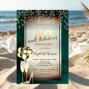 Gold Glitter Glass,Balloons Green 50th Birthday Invitation