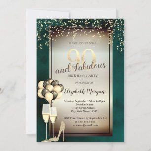 Gold Glitter Glass,Balloons Green 90th Birthday Invitation
