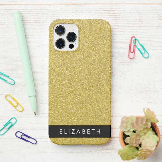 Gold Glitter, Glitter Background, Your Name iPhone Case (On Desk)