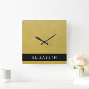 Gold Glitter, Glitter Background, Your Name Square Wall Clock
