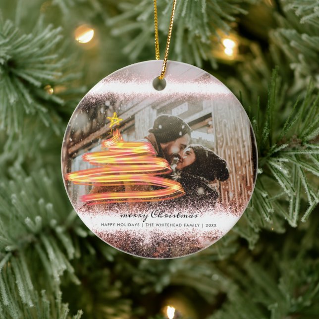 Gold Glitter Glow Christmas Tree Star Photo Ceramic Ornament (Tree)