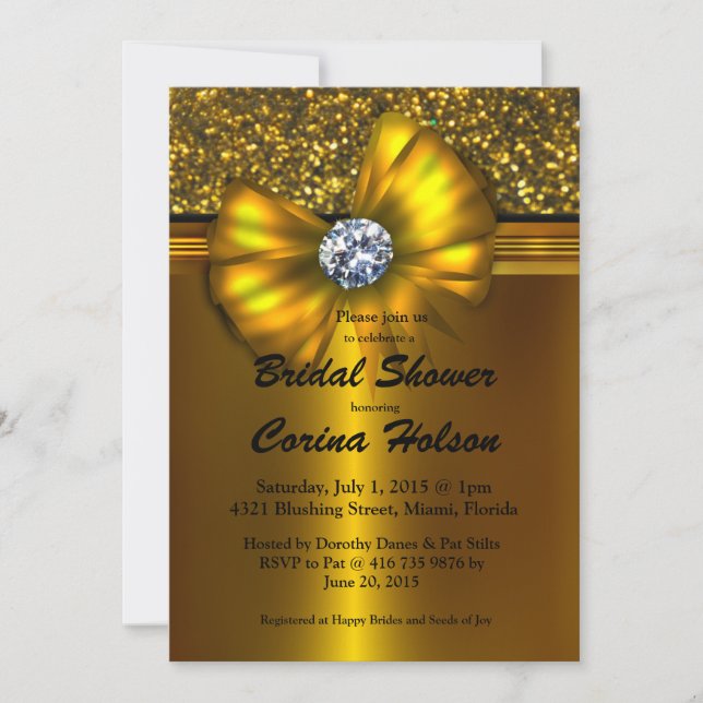 Gold Glitter Gold Bow Bridal Shower Invitations (Front)
