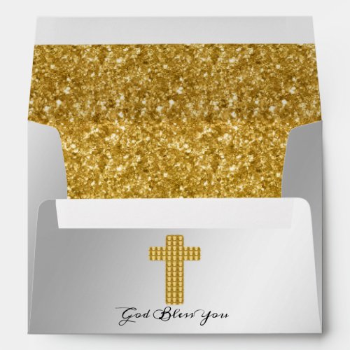 Gold Glitter  Gold Christian Cross Silver Envelope