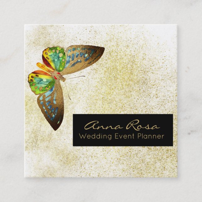 *~* Gold Glitter Gold Gilded Watercolor Butterfly Square Business Card (Front)