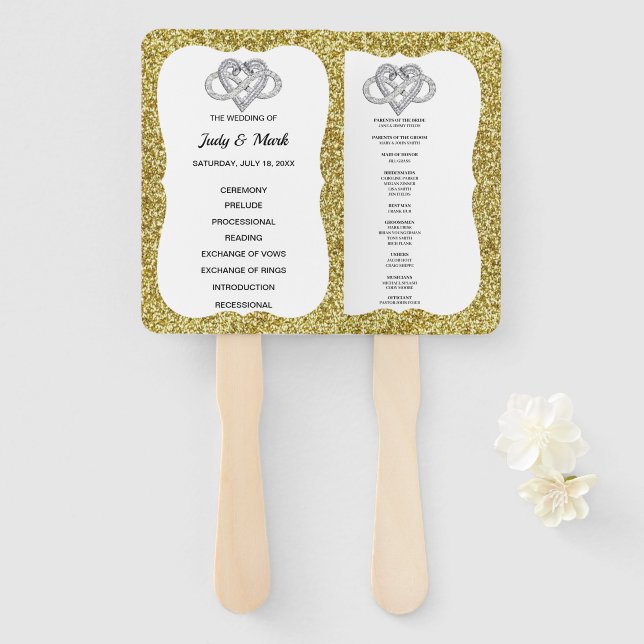 Gold Glitter Gold Infinity Heart Wedding Program Hand Fan (Front and Back)
