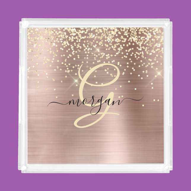 Gold Glitter, Gold Monogram, Black Script Name Acrylic Tray (Creator Uploaded)