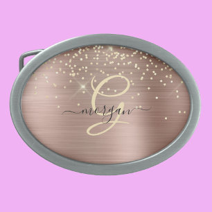 Gold Glitter, Gold Monogram, Black Script Name Belt Buckle