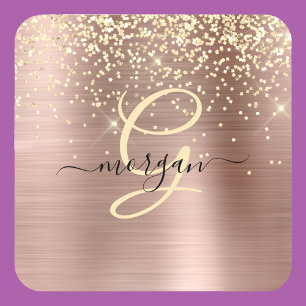 Gold Glitter, Gold Monogram, Black Script Name Beverage Coaster
