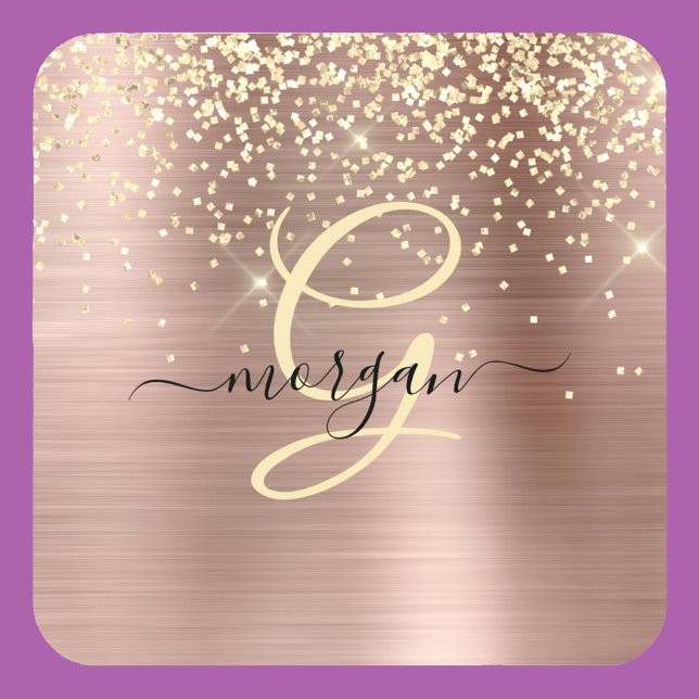 Gold Glitter, Gold Monogram, Black Script Name Beverage Coaster (Creator Uploaded)