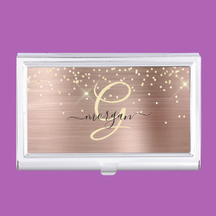 Gold Glitter, Gold Monogram, Black Script Name Business Card Case