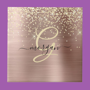 Gold Glitter, Gold Monogram, Black Script Name Ceramic Tile