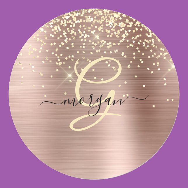 Gold Glitter, Gold Monogram, Black Script Name Classic Round Sticker (Creator Uploaded)