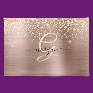 Gold Glitter, Gold Monogram, Black Script Name Cloth Placemat