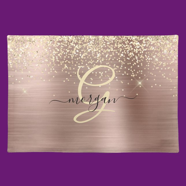 Gold Glitter, Gold Monogram, Black Script Name Cloth Placemat (Creator Uploaded)
