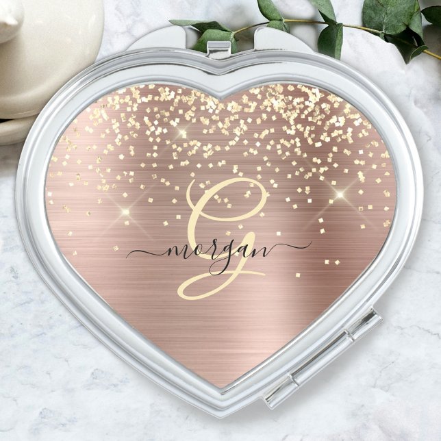 Gold Glitter, Gold Monogram, Black Script Name Compact Mirror (Creator Uploaded)