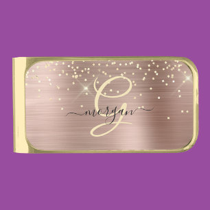 Gold Glitter, Gold Monogram, Black Script Name Finish Money Clip