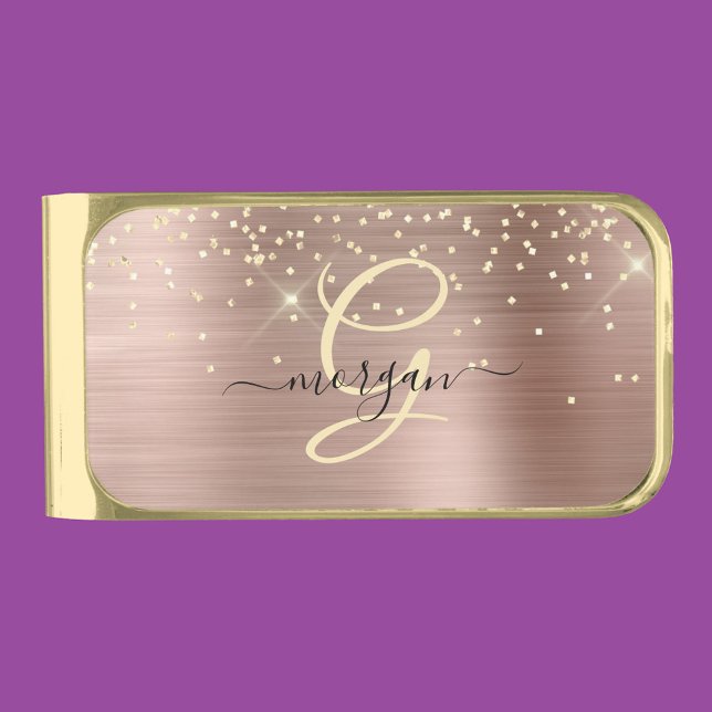 Gold Glitter, Gold Monogram, Black Script Name Gold Finish Money Clip (Creator Uploaded)
