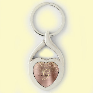 Gold Glitter, Gold Monogram, Black Script Name Keychain