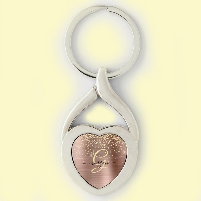 Gold Glitter, Gold Monogram, Black Script Name Keychain (Creator Uploaded)