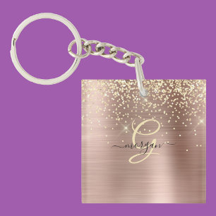 Gold Glitter, Gold Monogram, Black Script Name Keychain