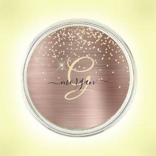 Gold Glitter, Gold Monogram, Black Script Name Lapel Pin