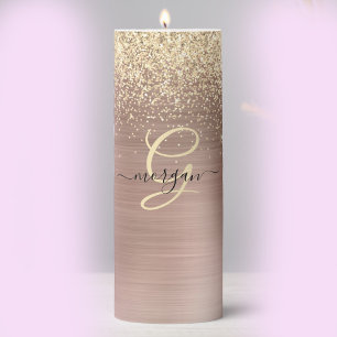 Gold Glitter, Gold Monogram, Black Script Name Pillar Candle