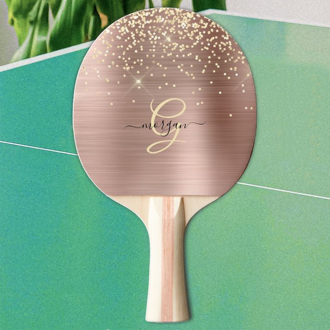 Gold Glitter, Gold Monogram, Black Script Name Ping Pong Paddle (Creator Uploaded)