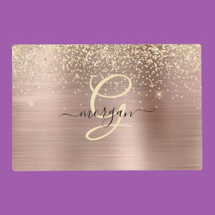 Gold Glitter, Gold Monogram, Black Script Name Placemat