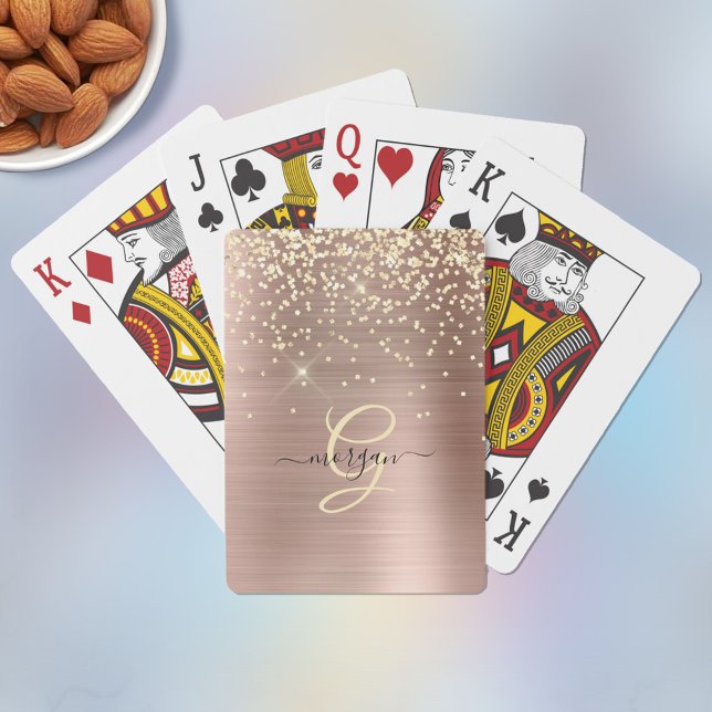 Gold Glitter, Gold Monogram, Black Script Name Poker Cards (Creator Uploaded)