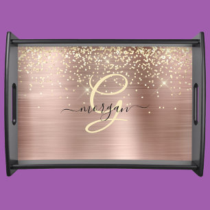 Gold Glitter, Gold Monogram, Black Script Name Serving Tray