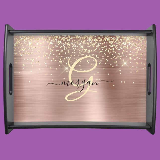Gold Glitter, Gold Monogram, Black Script Name Serving Tray (Creator Uploaded)