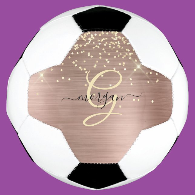 Gold Glitter, Gold Monogram, Black Script Name Soccer Ball (Creator Uploaded)