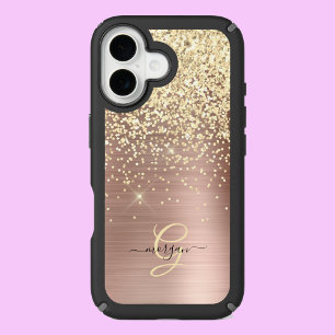 Gold Glitter, Gold Monogram, Black Script Name iPhone 16 Case