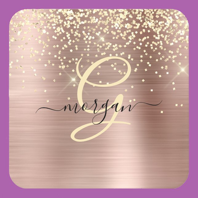 Gold Glitter, Gold Monogram, Black Script Name Square Paper Coaster (Creator Uploaded)
