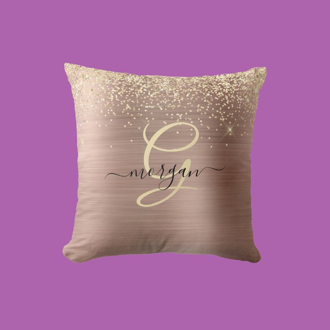 Gold Glitter, Gold Monogram, Black Script Name Throw Pillow (Creator Uploaded)