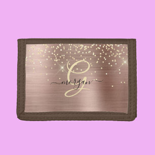 Gold Glitter, Gold Monogram, Black Script Name Tri-fold Wallet