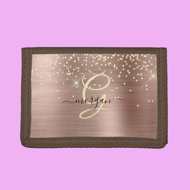 Gold Glitter, Gold Monogram, Black Script Name Tri-fold Wallet (Creator Uploaded)