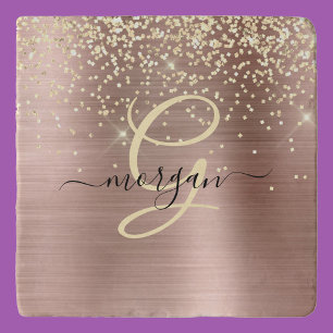 Gold Glitter, Gold Monogram, Black Script Name Trivet