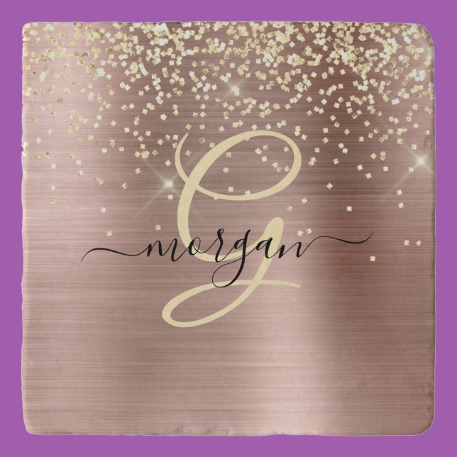 Gold Glitter, Gold Monogram, Black Script Name Trivet (Creator Uploaded)