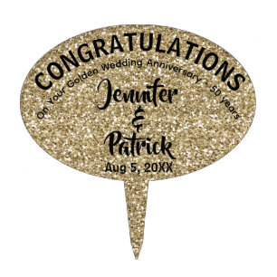 Gold Glitter Golden Wedding Anniv Cake Topper