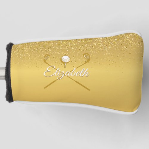 Gold Glitter Golf Ball Classic Script Name Golf Head Cover