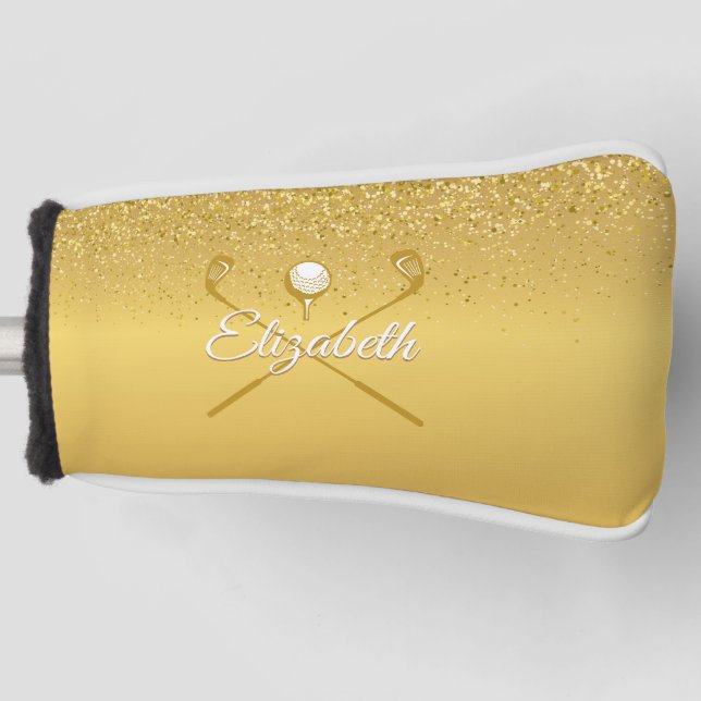 Gold Glitter Golf Ball Classic Script Name Head Cover (Front)
