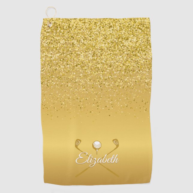 Gold Glitter Golf Ball Classic Script Name Towel (Front)