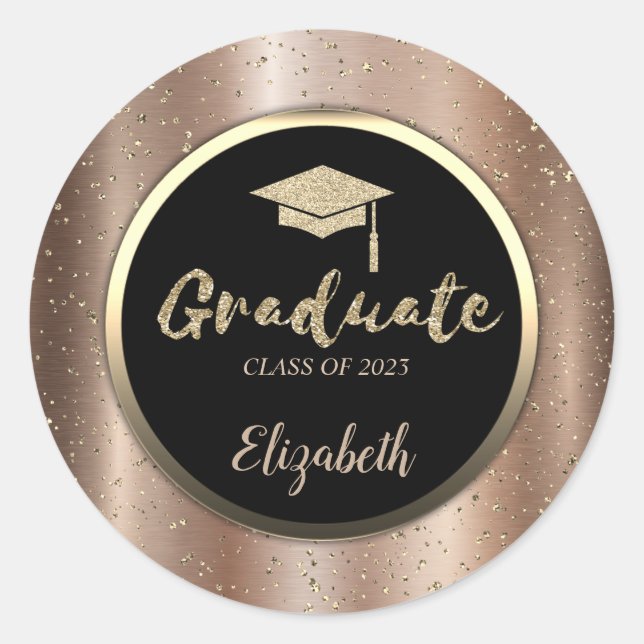 Gold Glitter Grad Cap,Confetti Brown Metallic Classic Round Sticker (Front)