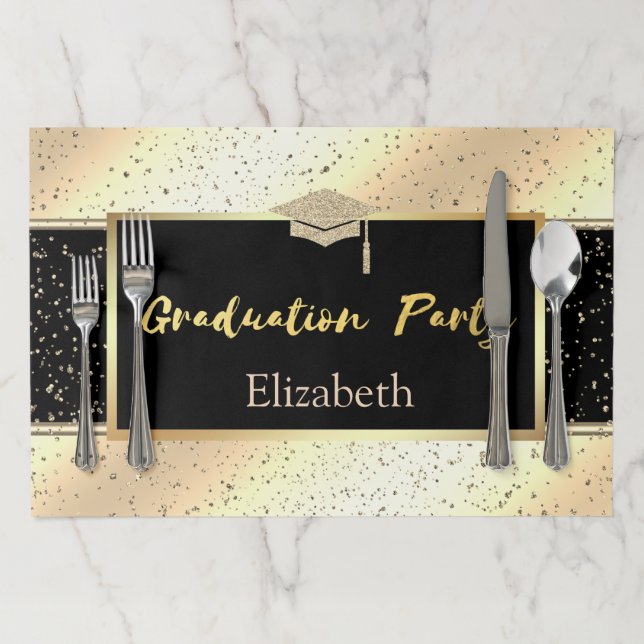 Gold Glitter Grad Cap, Confetti Graduation Party Paper Placemat (In Situ)