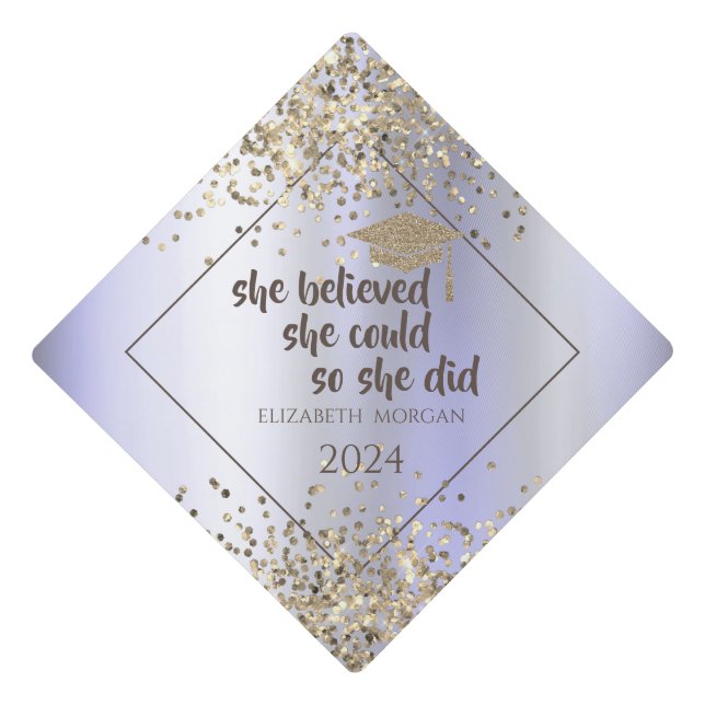 Gold Glitter Grad Cap,Confetti Violet Graduation Cap Topper (Front)