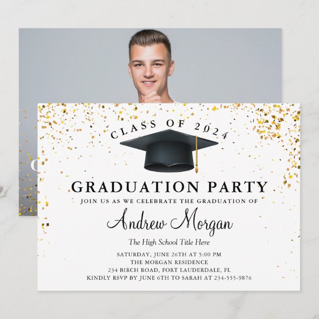 Gold Glitter Grad Cap Graduation Party Photo Invitation (Front/Back)