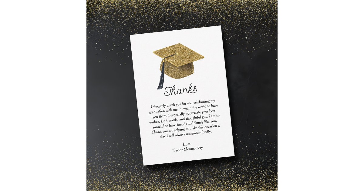 Gold Glitter Grad Cap Graduation Thank You Note Card | Zazzle
