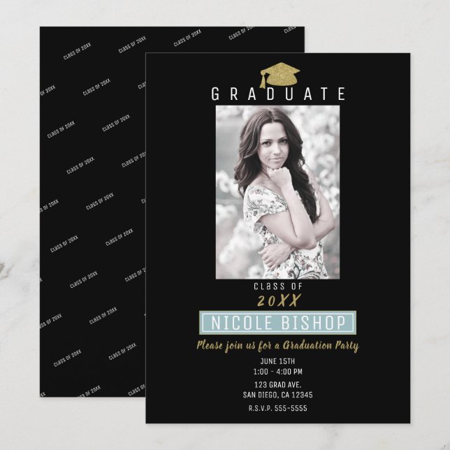 Gold Glitter Grad Cap Modern Graduation Party Invitation (Front/Back)