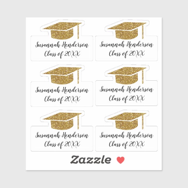 Gold Glitter Grad Cap Name Year Custom Graduation Sticker (Sheet)